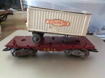 Marx O-Gauge Train Erie 8-Wheel Plastic Flatcar W/ Burlington Tin Trailer • $24.99