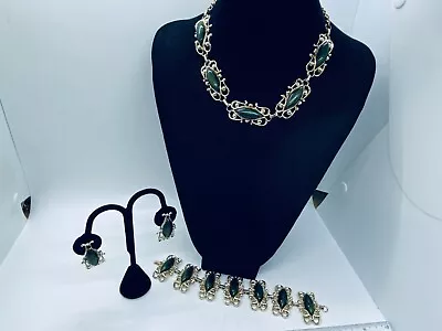 Vtg. Olivine Navette Cabochon Demi Gold Tone Necklace Bracelet & Earrings 376 • $3.14