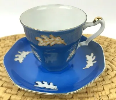 Ucagco China Demi  Blue Cup Saucer Set Japan Hand Painted White Oak Leaves • $17.95