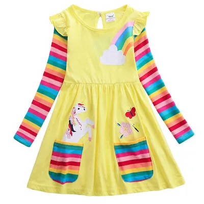 Kids Girls Rainbow Unicorn Dress Long Sleeve Princess Dress Xmas Party Clothes • £7.02