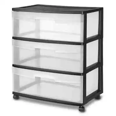 Sterilite Plastic 3 Drawer Cart Wide Tower Black Dorm Portable Storage Rolling • $17.40