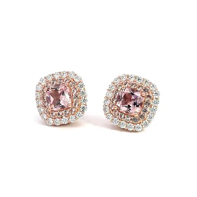 Sterling Silver With Morganite And CZ Square Stud Earrings • $39
