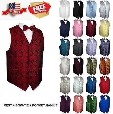 Men's Paisley Formal Tuxedo Vest Bow-Tie & Hankie Set. Wedding Prom Cruise • $22.95