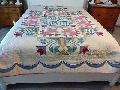 Queen  Handmade Applique Amish Rose Of Sharon Quilt  84  X 93  Pink Blue • $225