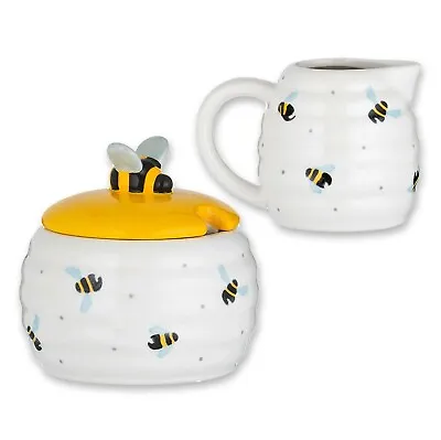 Set Of 2 Sweet Bee Ceramic Milk Creamer Jug And Sugar Pot Jar Container Canister • £14.99