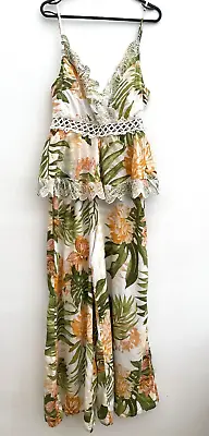 RIVER ISLAND RESORT Trouser Jumpsuit Size 12 Floral Boho Lace Frill Sleeveless • £24.95