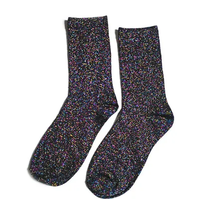 Womens Black & RAINBOW GLITTER Socks Lurex Metallic Size 3-7 Party Gift Sparkle • £6.99