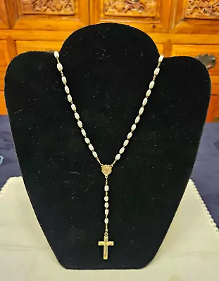 Vintage Old Brass & While Glass Beads Rosary ~ 15  Long • $14.50