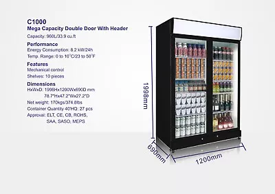 Coca Cola 2-door 1000l Commercial Glass Display  Fridge Beer Wine Chiller Cooler • $1999.95