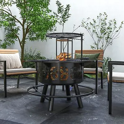 Outsunny Fire Pit BBQ Grill With Poker Wood Burning Firepit Black • $105.29