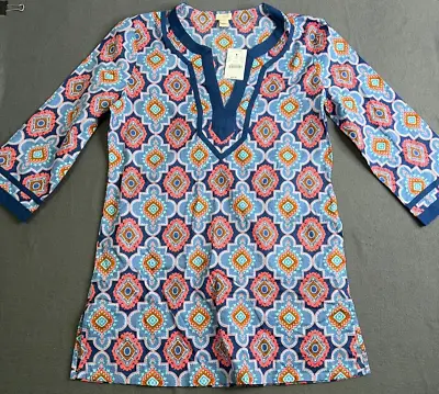 J Crew Top Womens XS Blue Tunic Bouse Geometric All Over Print • $9.22