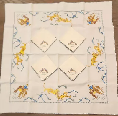 Cross Stitched Tablecloth 4 Napkins Tigers Cowboy Elephant Southern Vintage • £33.69