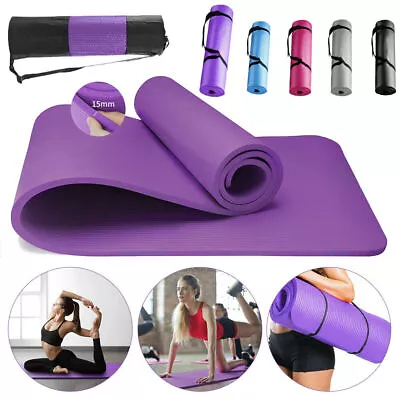 183 X 61cm Yoga Mat 15mm Thick Non Slip Fitness Exercise Pilates Gym Carry Strap • £10.99