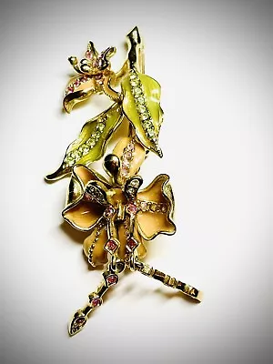 St John Vintage Orchid Flowers Dangle AB Rhinestone & Enamel Gold Tone Brooch • $59