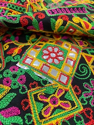 B100% Cotton Fabric Indian Ethnic Faux Mirror Rajasthani Embroidery Rangoli Boho • £6.49