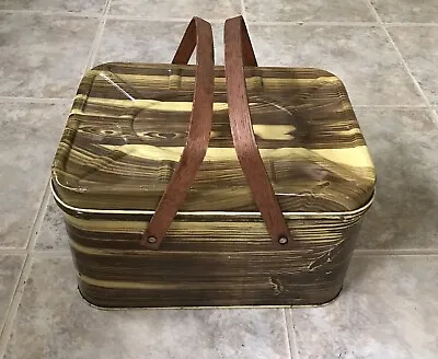 Vintage 1950's Metal Tin Picnic Basket Wood Tone Wood Handles Faux Wood Design • $24.99