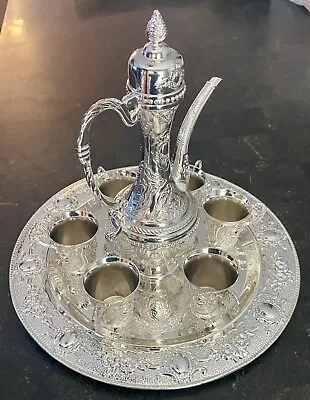 Vintage Beautiful Ornate Metal Tea Set - Tray Decanter & 6 Cups • $24.95