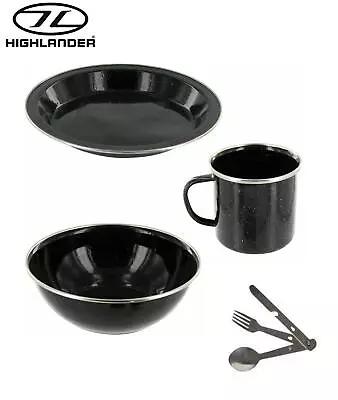 Enamel Camping Set Includes Cutlery Set Plate Mug And Bowl Black Highlander • £14.95