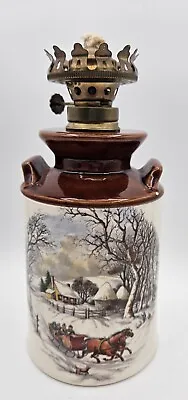 Vintage Ceramic Milk Can Oil Lamp W/Winter Sleigh Ride Scene No Shade 8.5  • $14.99