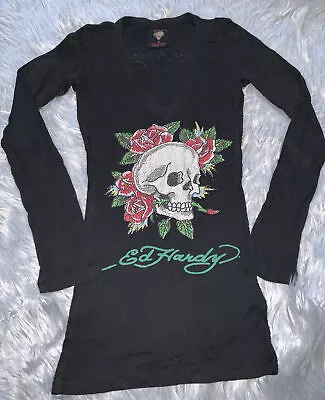 Ed Hardy Rhinestone Skull And Roses Black Long T Shirt S • $85.99