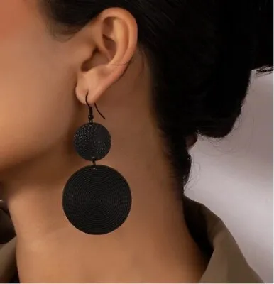 Women's Round Long Dangle Drop Earrings Black Metal Decor Jewellery Party Gift • £4.89