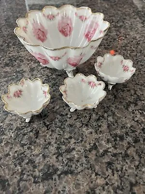 1904-1924 SCHWARZBURG GERMANY FOOTED  NUT BOWL SET OF 3 Roses Minor Wear To Gold • $39.99