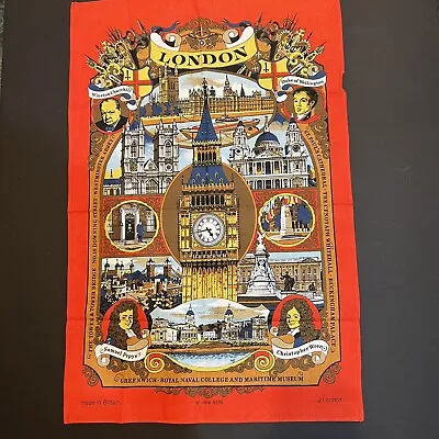 London Printed Tea Dish Towel Map Tourist Sites Souvenir Red 100% Cotton Unused • £8.64