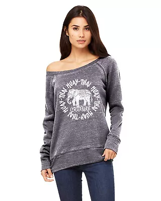 Women's Muay Thai Elephant Grey Wide Neck Sweatshirt C11 MMA Fighting Thailand • $23.99