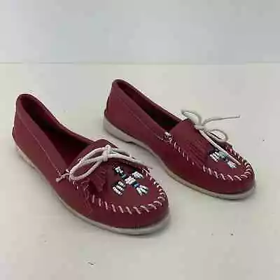 Minnetonka Red Leather Beaded Moccasins Women's Size 9.5 Preowned • $35