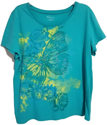 Kim Rogers Women Large Turquiose Butterfly Embellished Scoop Neck Short Sleeve T • $5