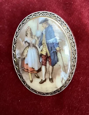 French Vintage Antique Porcelain Brooch Painted Gold Tone • £9.90
