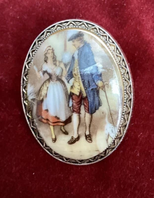 French Vintage Antique Porcelain Brooch Painted Gold Tone • £9.90
