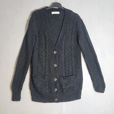 Zara Knit Cardigan EUR Large Part Wool Black Button Front Elbow Patch • £12.99
