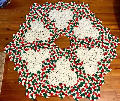 Vintage Christmas Tree Skirt Hand Made Crochet Green Red White Large 54” Wide • $28