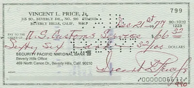 Vincent Price - Check Signed 07/25/1975 • $300