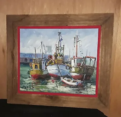 Artist Mendola Three Fishing Boats In Fisherman's Wharl Oil Painting 18 X15  • $255