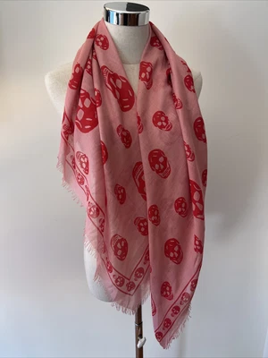 $95 • Buy ALEXANDER MCQUEEN Silk Scarf Skulls Pink Red MADE IN ITALY