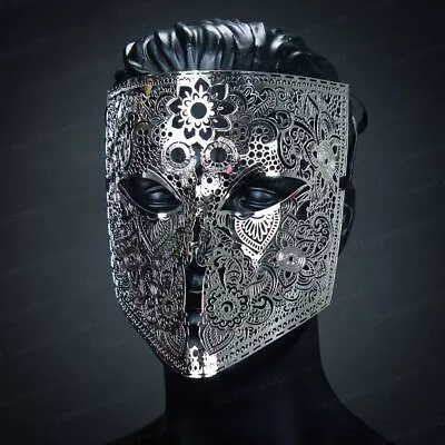 Men's Masquerade Party Mask Silver Full Face Bauta Mask Design • $24.95