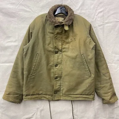 Vintage 1940s WW2 USN N-1 Deck Jacket 40 Alpaca Distressed US Navy Military 40s • $550