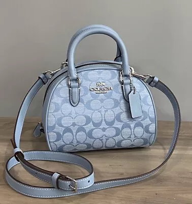 COACH CH140 Sydney Satchel Bag In Signature Chambray &Leather Cornflower Blue • $146