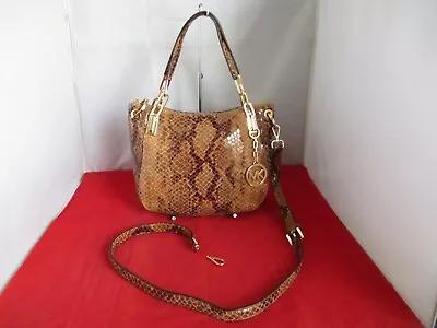 Michael Kors Brooke Medium Embossed Python Leather Shoulder Tote $378 Sand  #015 • $84.99