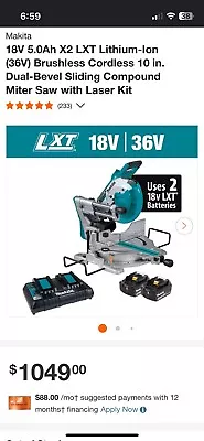 Makita XSL06Z 36-Volt LXT Dual-Bevel Sliding Compound Miter Saw 2 Batteries • $750