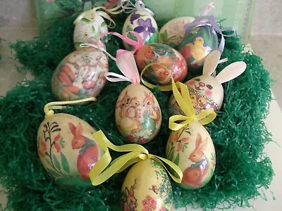 11 Vtg. Paper-Mache Glazed Easter Tree Eggs~Real Egg Size-adorable Graphics • $15.99