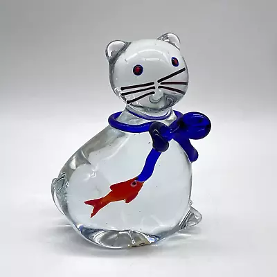 Vintage 1999 Penco Industries 4-1/8  CrystalGlass Cat With Fish Figurine China • $19.95