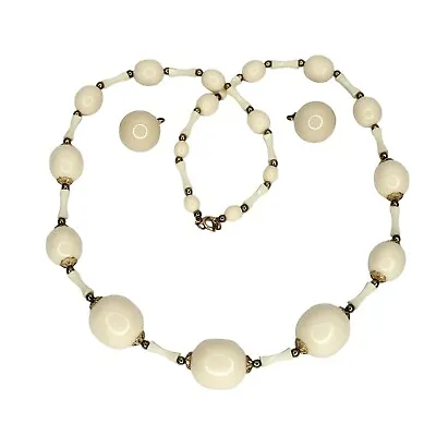 Vintage Cream Goldtone Beaded Necklace Clip On Earrings Filigree Bead Caps 30  • $21.21