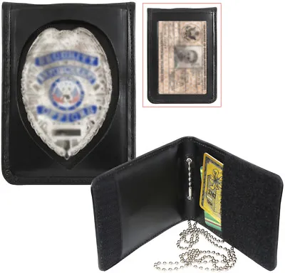 $23.99 • Buy Black Leather ID Holder & Neck Chain Wallet Badge Case Law Enforcement Shield