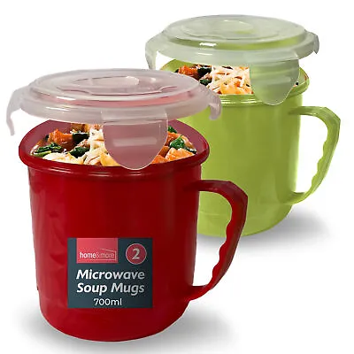 2 Microwave Soup Mug 700ml Food Porridge Bowl Cup Container Airtight Clip Lock • £6.99