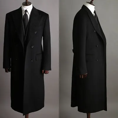 Men Long Overcoat Black Wool Blend Coat Winter Business Outwear Double Breasted • $94.99