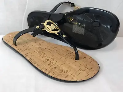 MICHAEL KORS Black Jelly Cork Thongs Flat Sandals Flip Flop Gold US Size 6  7 • $55.99