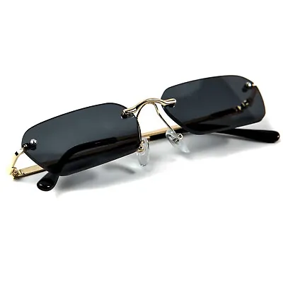 Mens Retro Black And Gold Square Hip Hop Shades Fashion Rimless Sunglasses • $15.99